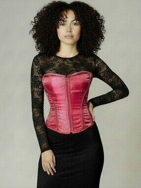 Hot Pink Burleska Satin Corset Top Zip Front Lace Up Bustier Y2K Goth Pinup